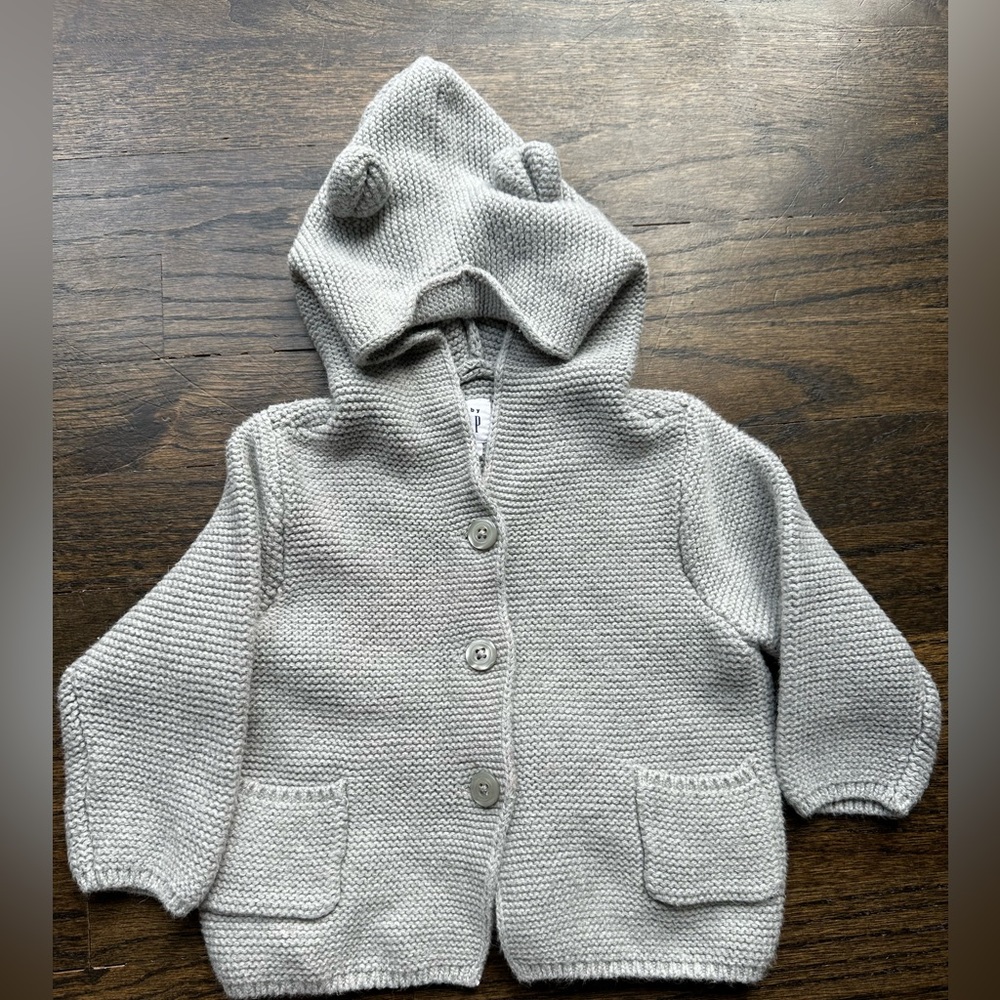 Baby Gap grey button down sweater with bear ears 6-12month